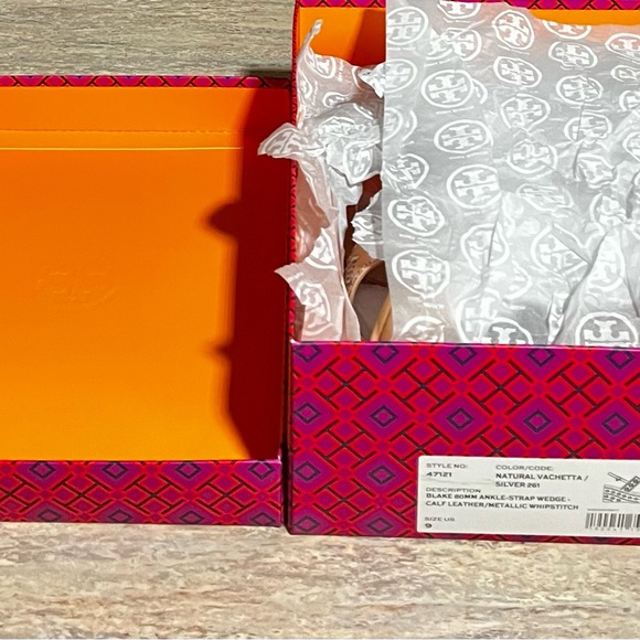 Tory Burch Natural Vachetta Ankle Strap Wedge Calf Leather Sandals - Picture 15 of 16